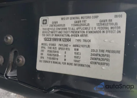 2001 Chevrolet S-10 Ls z USA, uszkodzony, nr VIN 1GCCS19W91K122964